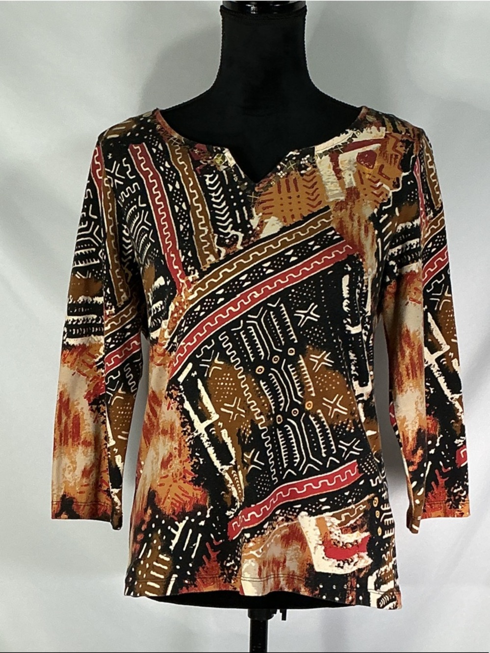 Ruby Rd. Brown, Black and Red Patterned V-Neck Tunic Size Medium